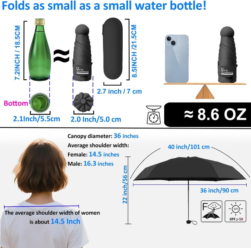 BAODINI Travel Essentials Mini Umbrella for Purse With Case Small Compact UV Sun Protection Lightweight Tiny Pocket Manual Open Close Umbrella for Women Kids and Men Fits Purse Backpack - Image 4